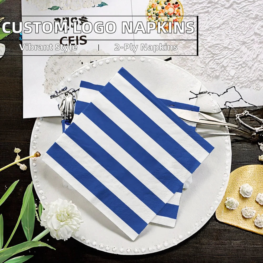Customizable Disposable 3-Ply Blue and White Stripe Paper Napkins Beverage Cocktail Wedding 2-Ply Colored Logo Printed Bag